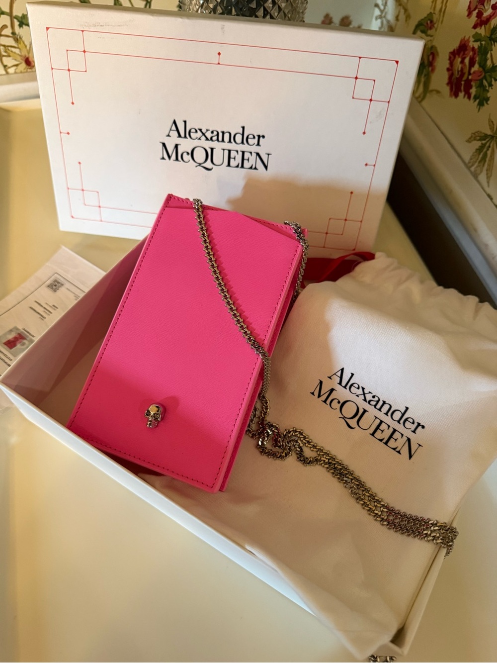 Alexander McQueen Skull Phone Case on Chain – Fuchsia Pink Leather